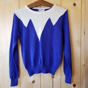 Vintage Personal Angora Blend Royal Blue/White Zigzag Pattern Crewneck Sweater